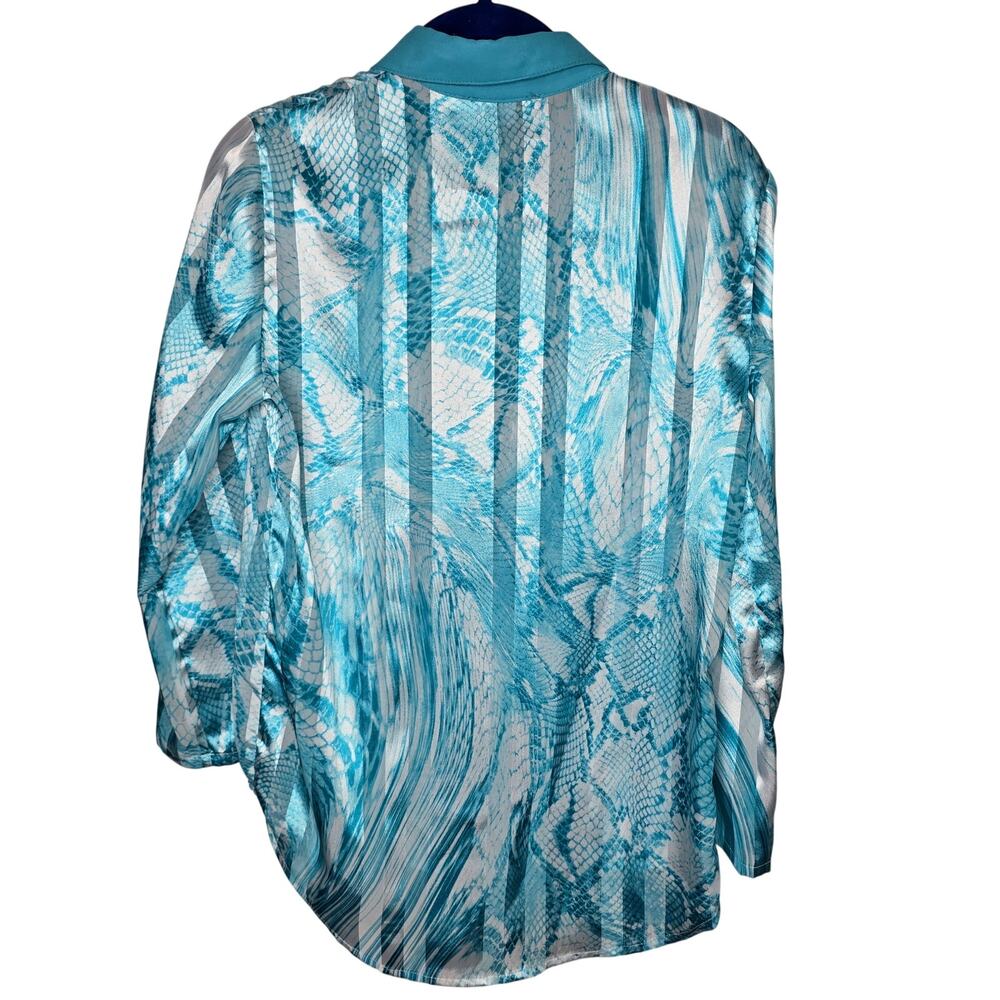 Alberto Makali Blue White Abstract Print Semi-Sheer Button-down Blouse Sz Small - Picture 9 of 9